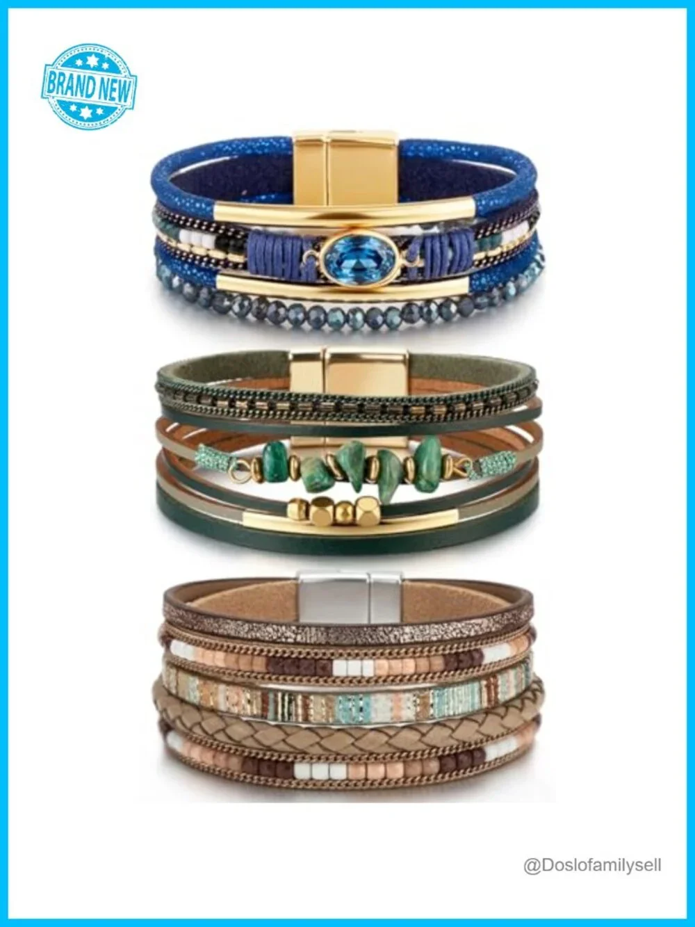 3pcs Leather Wrap Bracelets Boho Multi-Layer Crystal Beads Stone Cuff Bracelet